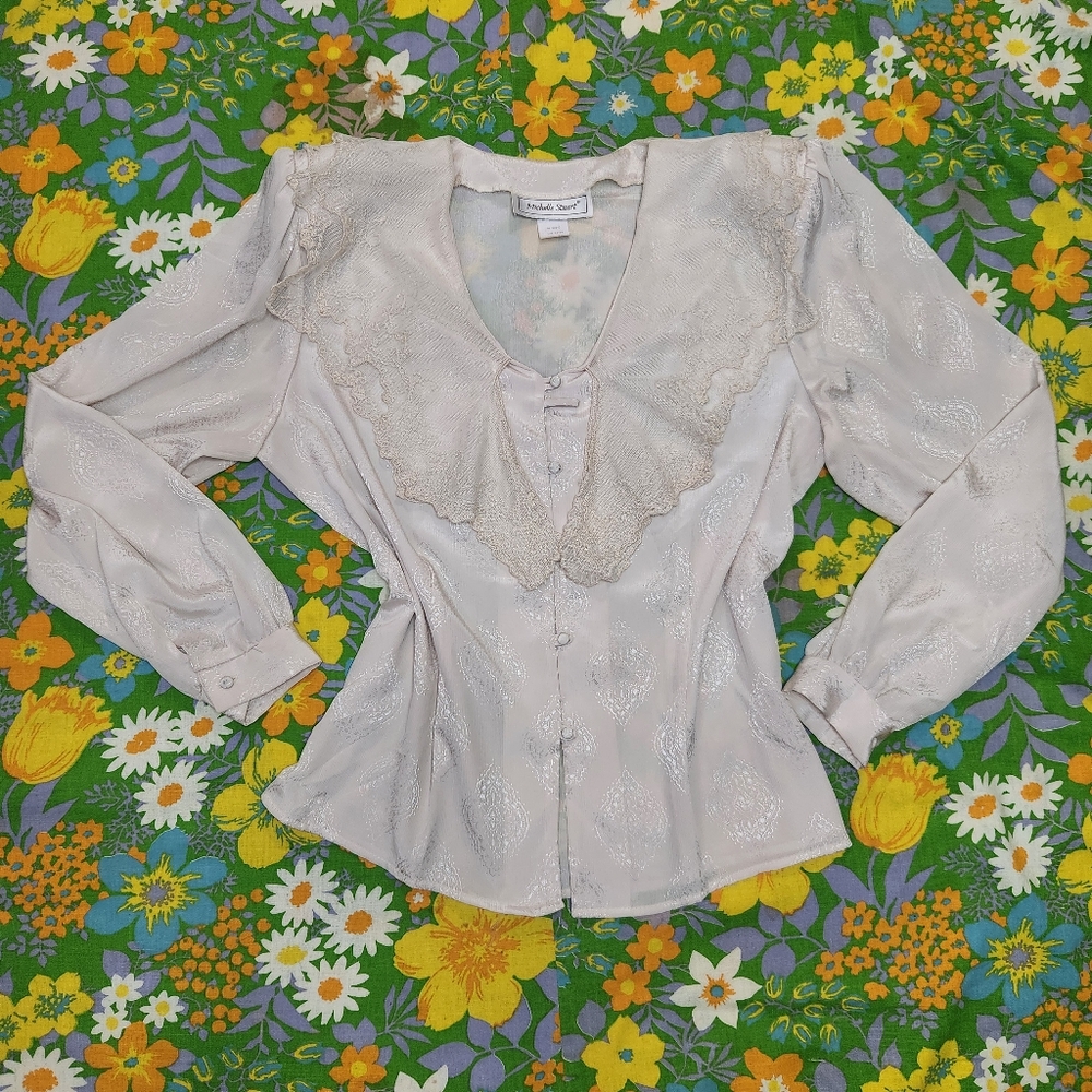 Michelle Stuart Vintage 80s Lace Bib Collar Button Down Blouse